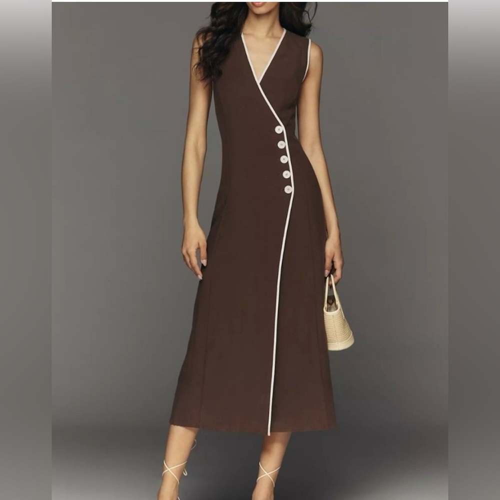 Anthropologie MARE MARE SLEEVELESS WRAP MIDI DRESS in hot fudge
